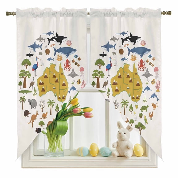 Australia Map Section Swag Kitchen Curtain Valances, Cartoon Marine Life Cute Koala Kangaroo Rod Pocket Curtains Window Treatment Decor Valances for Bedroom Bathroom, 2 Panels 28 x 36 Inch