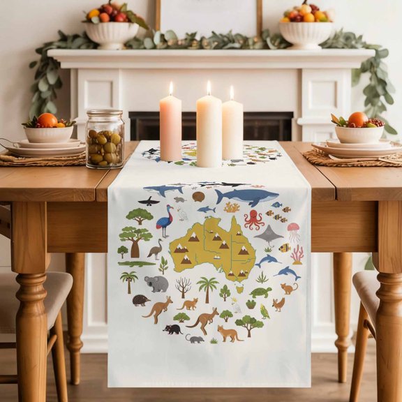 Australia Map Section Table Runner, Cartoon Marine Life Cute Koala Kangaroo Cotton Linen Kitchen Table Decoration Washable Dining Tabletop Runners for Home Party Decor 13x120 Inches