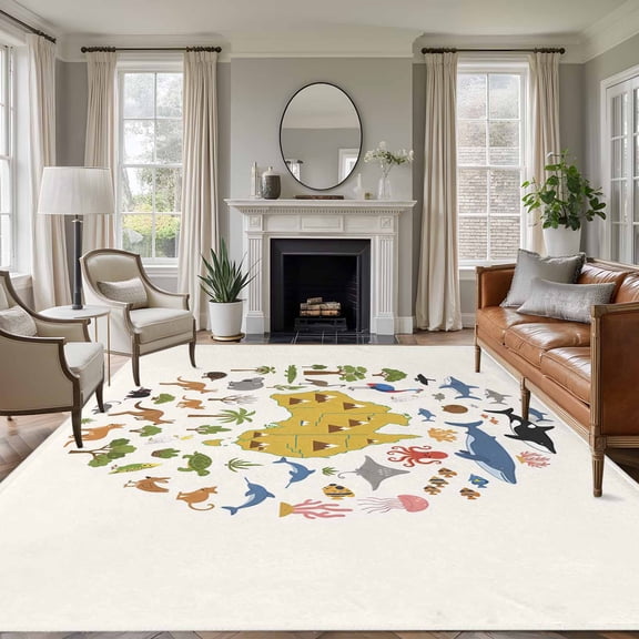 Australia Map Section Washable Living Room Rugs 6'x9', Cartoon Marine Life Cute Koala Kangaroo Low Pile Throw Large Area Rug Non-Slip Sturdy Edge Binding Carpet for Dining Room Kitchen Office