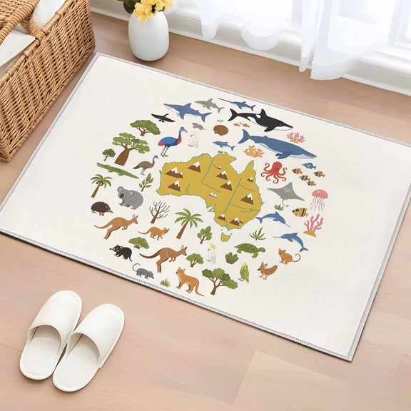 Australia Map Section Washable Small Entryway Area Rugs 2'x3', Cartoon Marine Life Cute Koala Kangaroo Low Pile Throw Rug Non-Slip Sturdy Edge Binding Carpet for Front Door Floor Room Entry
