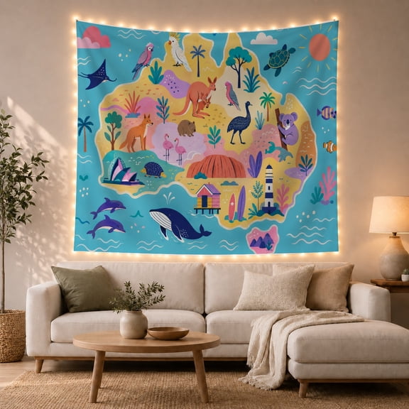 Australia Map With Whale Dolphins And Animals, Playful Illustration Style for Travel Lovers, Wildlife Wall Art, Graduation Gift Tapestry Wall Hanging for Classroom and Playroom