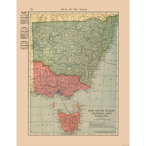 Historic Map - Australia New South Wales Victoria Tasmania - Hammond 1910 - 23 x 29.69 - Vintage Wall Art
