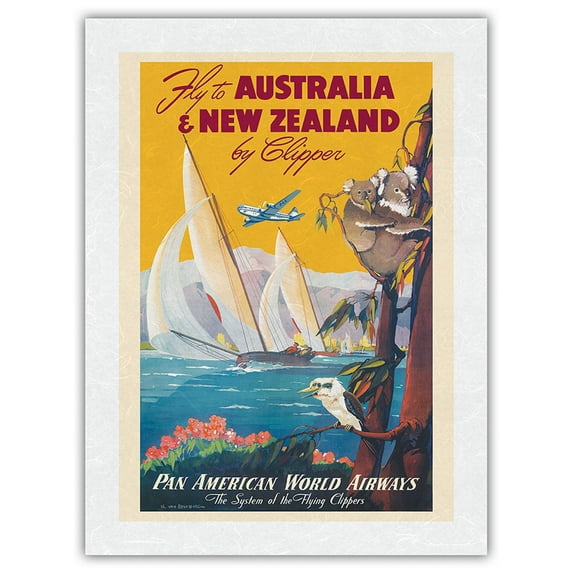 Australia & New Zealand by Clipper - Pan American World Airways - Vintage Airline Travel Poster by Mark Von Arenburg c.1950 - Japanese Unryu Rice Paper Art Print 24 x 32 in