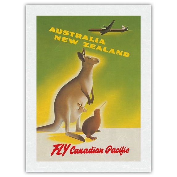 Australia-New Zealand-Fly Canadian Pacific Air Lines-Kangaroo with Baby Joey Kiwi-Vintage Airline Travel Poster by Peter Ewart c.1956-Japanese Unryu Rice Paper Art Print (Unframed) 18 x 24 in