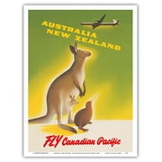 Australia - New Zealand - Fly Canadian Pacific Air Lines - Kangaroo with Baby Joey Kiwi - Vintage Airline Travel Poster by Peter Ewart c.1956 - Master Art Print Unframed 9in x 12in