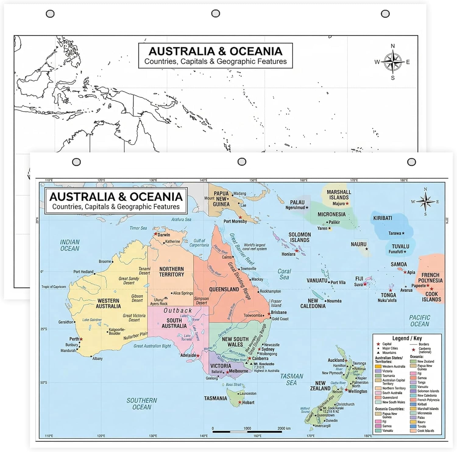 Australia & Oceania Map Poster for Kids - 2-Sided Laminated 8.5x11 ...