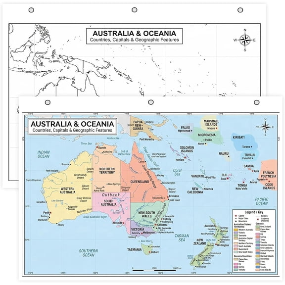 Australia & Oceania Map Poster for Kids - 2-Sided Laminated 8.5x11, Countries Capitals & Geographic Features with Blank Practice Map, Color-Coded Regions, Classroom Homeschool Geography