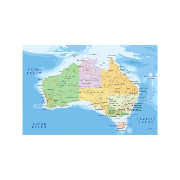 Australia Political Country Map Poster Educational Wall Art Print for Classroom Study Geography Home Decor