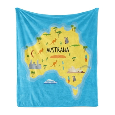 Australia Soft Flannel Fleece Throw Blanket, Mapping with Symbolic Animals Monuments, Cozy Plush for Indoor and Outdoor Use, 50" x 70", Sky Blue Yellow, by Ambesonne
