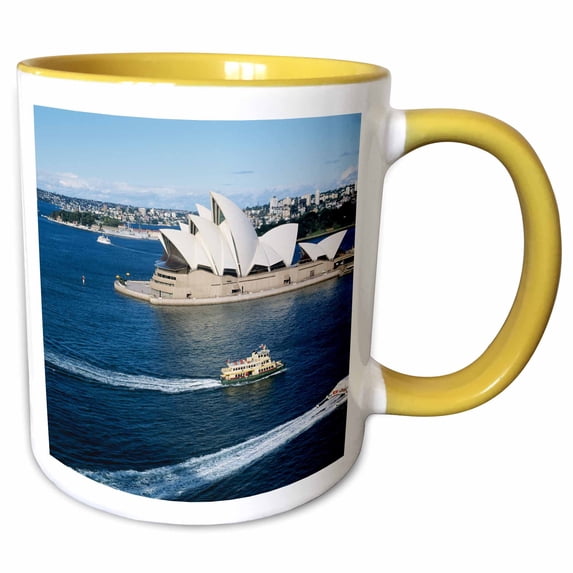 3drose, Australia, Sydney, Famous Opera House, Ferries Abstract Shells, 15oz Two-tone Yellow Mug