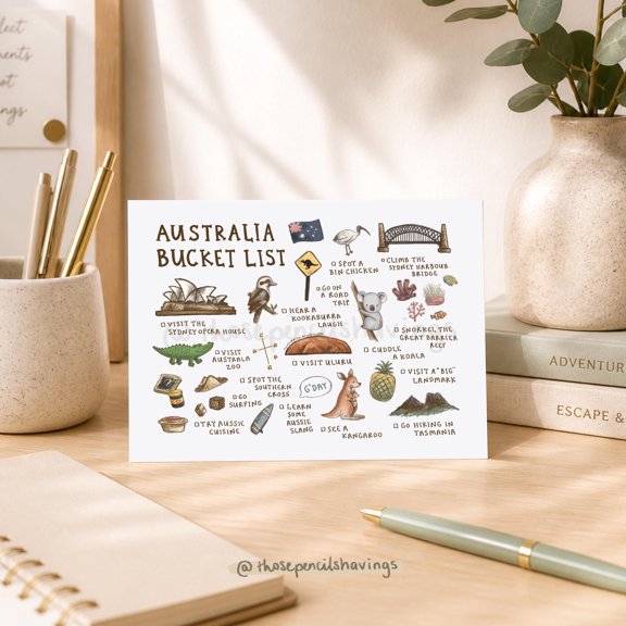 Australia Travel Bucket List Postcard: Illustrated Aussie Checklist Souvenir , Poster Print Only