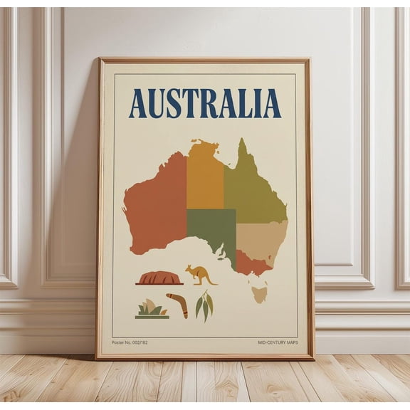 Australia Travel Poster Vintage Map Wall Art Coastal Wave Decor Art, Unframed Poster