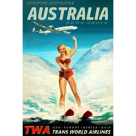 Australia Twa Holly Water Ski Retro Oceania Travel Poster Home Decor Office Wall Art