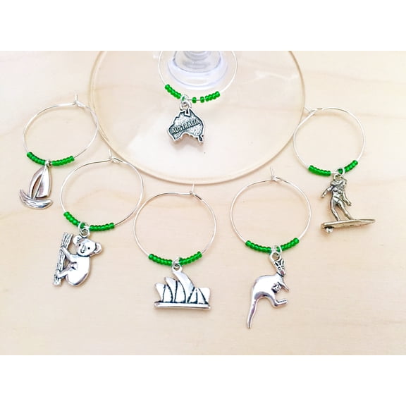 Australia Wine Charms: Includes Australia, Sydney Opera House, Koala, Kangaroo, Surfer and Sailboat. Gift for Australians. Set of 6. GREEN BEADS