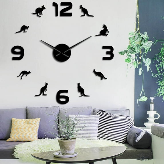 Australian Animal Wall Art Kangaroo Silhouette DIY Big Wall Clocks Kids Room Nursery Decor Large Frameless Wall Watch Travel Gift(Black,27inch)