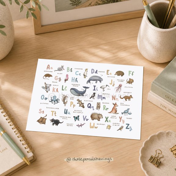 Australian Animals Alphabet Postcard , Aussie Wildlife Souvenir , Poster Print Only