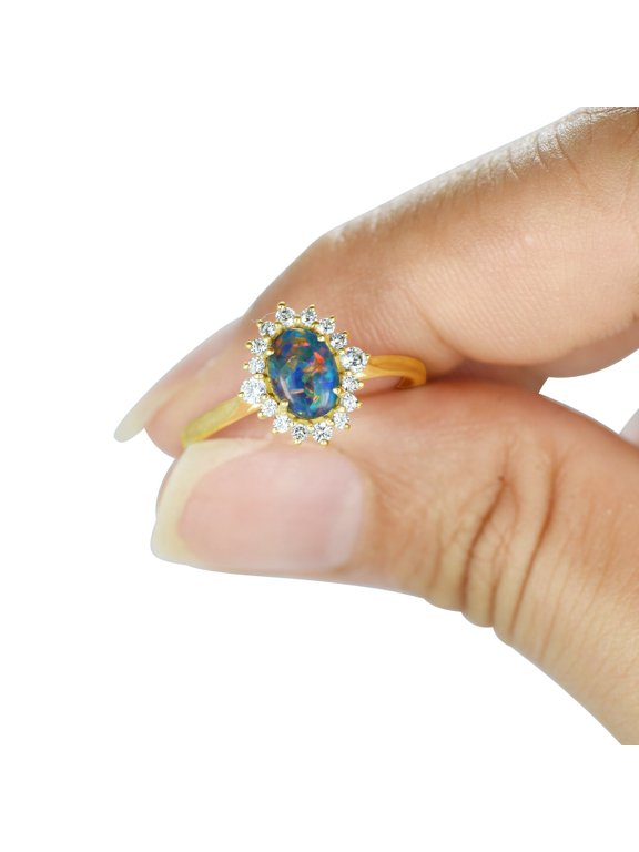 Australian Black Opal Engagement Ring Diamond Halo Opal Ring, 18K Gold Plated Vintage Style, Libra Birthstone