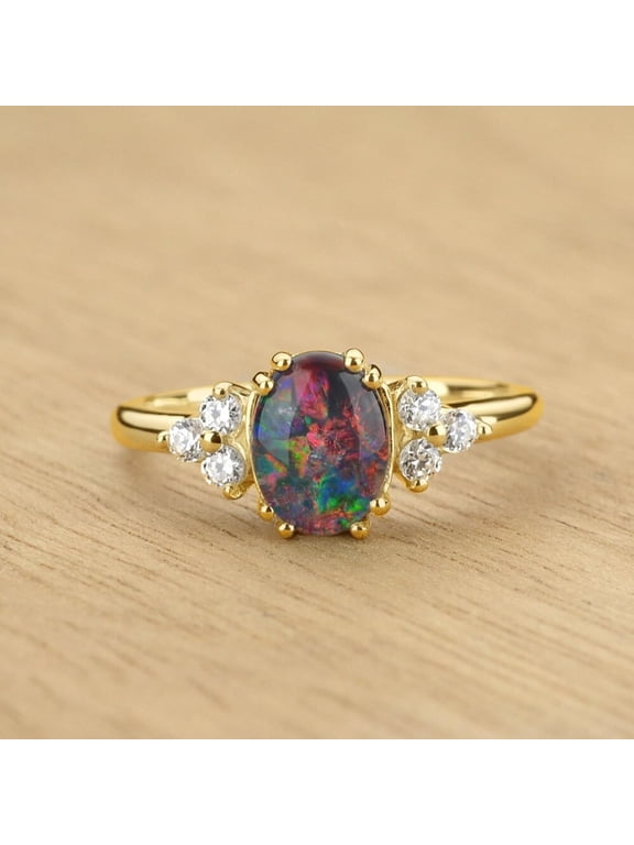 Australian Black Opal Ring 14K Gold Plated Engagement Ring with 0.18ct Moissanite Ring For Gift