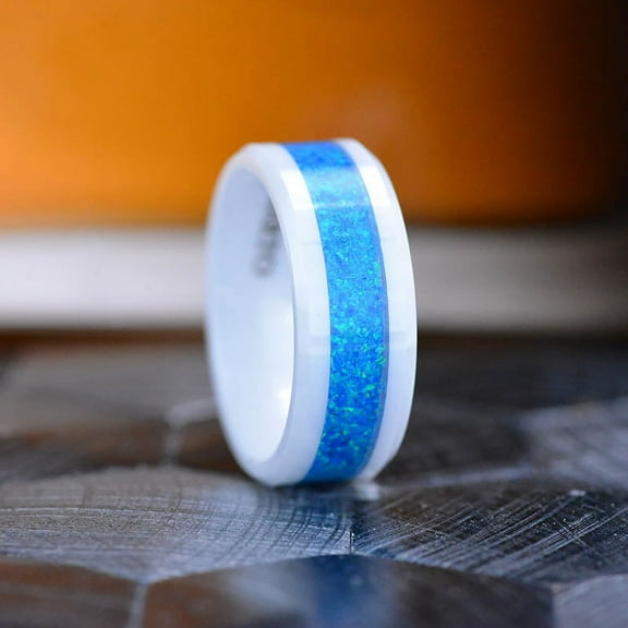 Australian Blue Fire Opal Ceramic Ring For Her For Him, Couples Promise Ring, Blue Opal White Ceramic Ring, Cool Opal Giliarto Ring For Him, Size 8