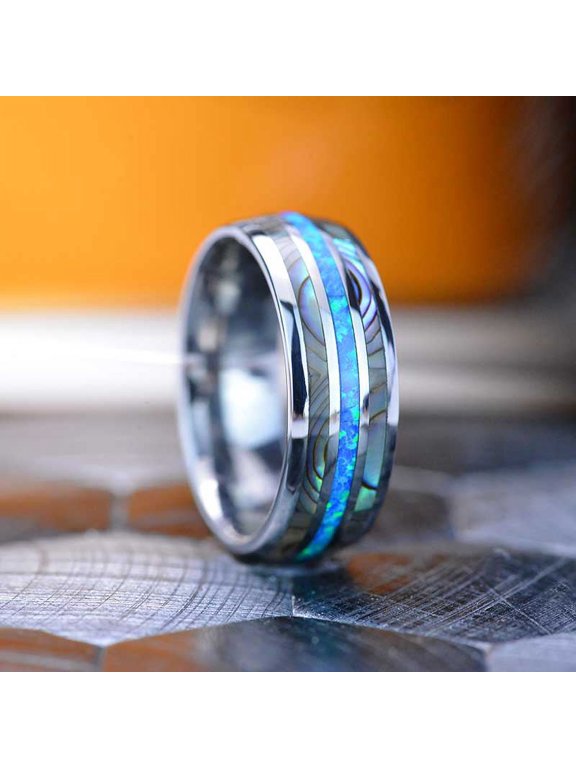 Australian Blue Fire Opal With Abalone Shell Tungsten Ring For Him For Her, Size 10