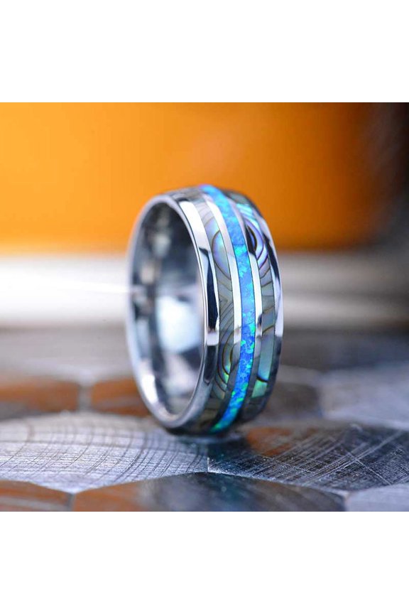 Australian Blue Fire Opal With Abalone Shell Tungsten Ring For Him For Her, Size 9