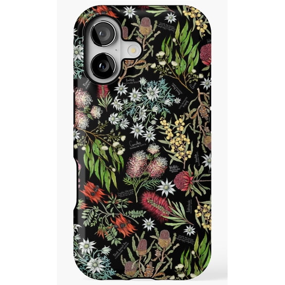 Australian Botanics Jet Black Floral Art Phone Case for iPhone 11 12 13 14 15 16 17 Pro Max