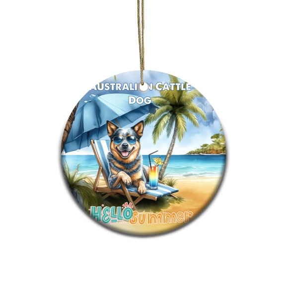 Australian Cattle Dog Hello Summer Beach Theme with Sunglasses and Tropical Cocktail Ceramic Round Ornament Heeler Lover Gifts Home Tree Decor - 00009