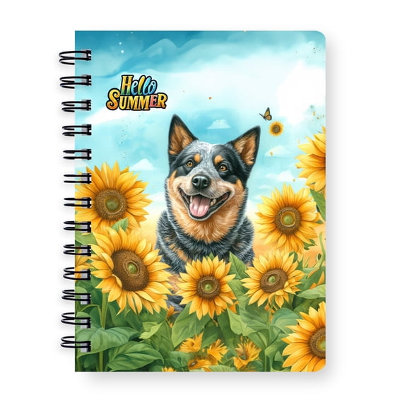 Australian Cattle Dog Hello Summer Sunshine Sunflowers Spring Retro Vintage Spiral Bound Journal Heeler Lover Gifts 5x7in Spiral Notebook - 00008