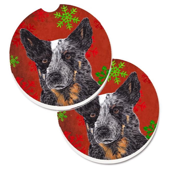 Australian Cattle Dog Red & Green Snowflakes Christmas Set of 2 Cup Holder Car Coaster