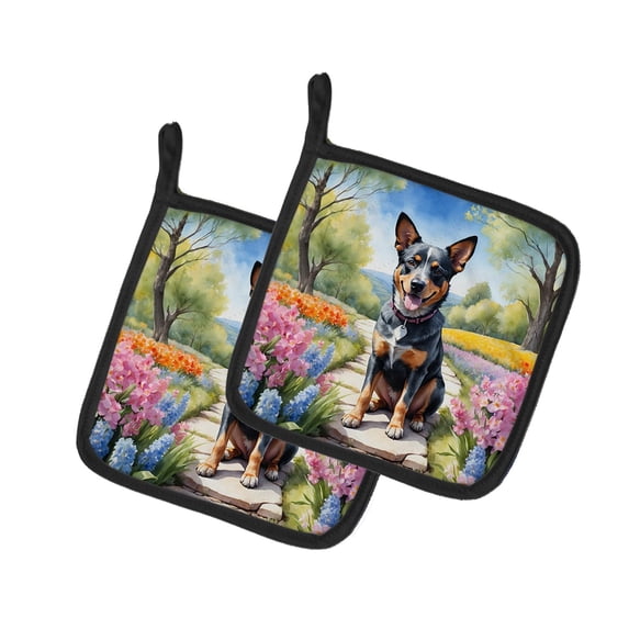 Australian Cattle Dog Spring Garden Pair of Pot Holders 7.5 in x 7.5 in