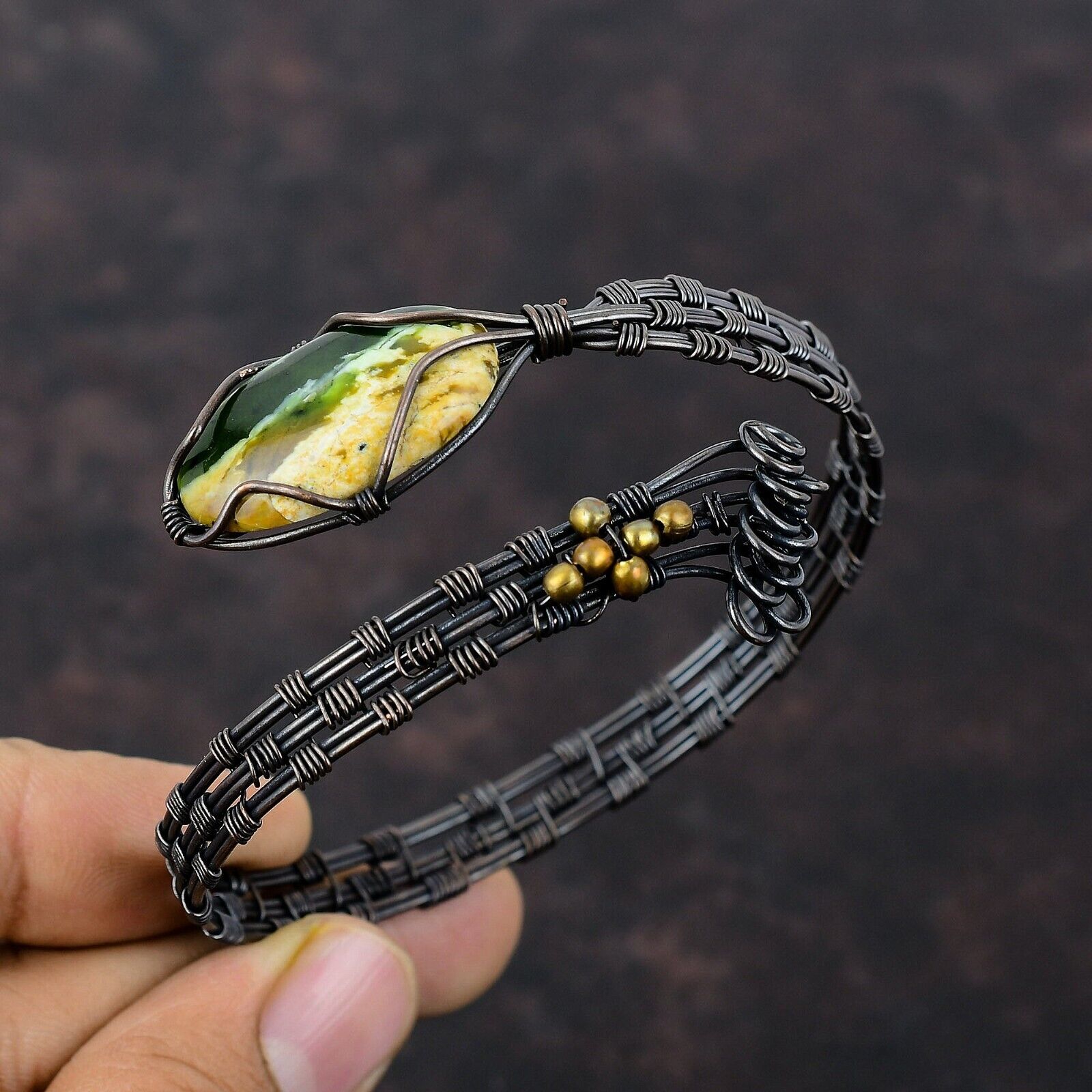 KALKA JEWELS Australian Chrome Chalcedony Copper Gift For Love Wire Wrapped Adjustable Cuff