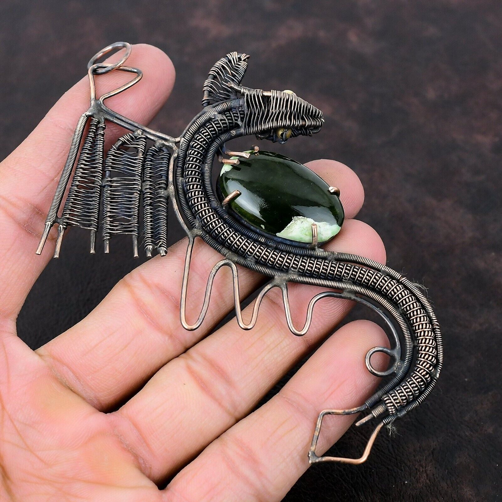 KALKA JEWELS Australian Chrome Chalcedony Copper Sister Gift Wire Wrapped Dragon 4.53"