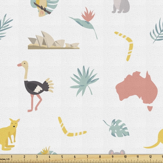 Ambesonne Australian Fabric by the Yard Upholstery, Animals Map and Foliage, 2 Yards, Multicolor