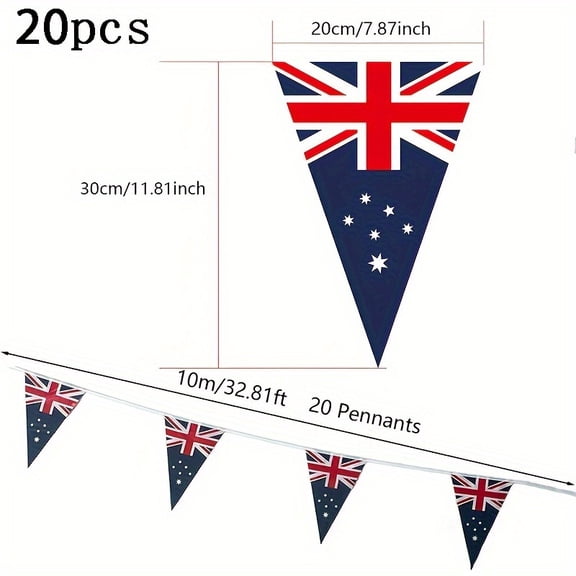 Australian Flag Bunting - 20cm Triangle Flags, Size 30cm x 20, Polyethylene Material, Indoor/Outdoor Multi-purpose Australian Triangle Flag Banner, General Holiday Decoration