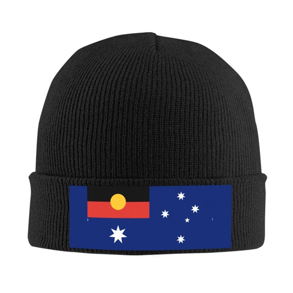 Australian Flag With Aboriginal Flag Beanie Hat Men Women Warm Printed Cap Knit Beanies Hats Outdoor Winter Black
