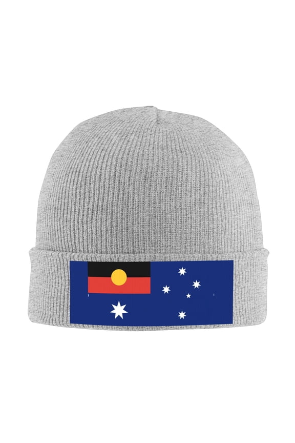 Australian Flag With Aboriginal Flag Beanie Hat Men Women Warm Printed Cap Knit Beanies Hats Outdoor Winter Gray