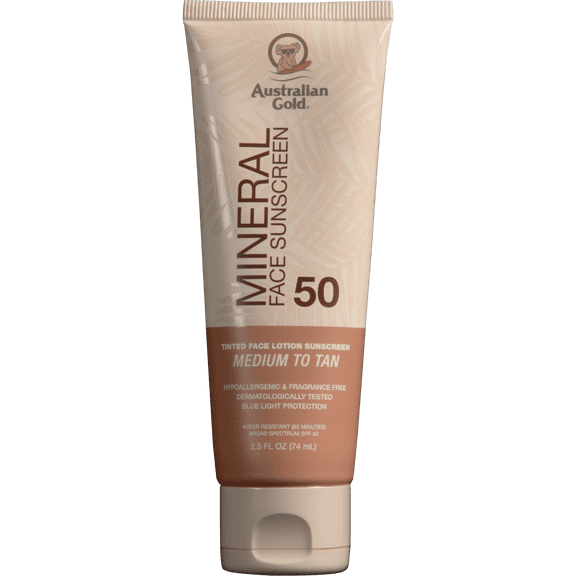 Australian Gold Mineral Tinted Face Lotion Medium to Tan - Non-Greasy, Hypoallergenic, Fragrance-Free, SPF 50, 2.5 fl. oz