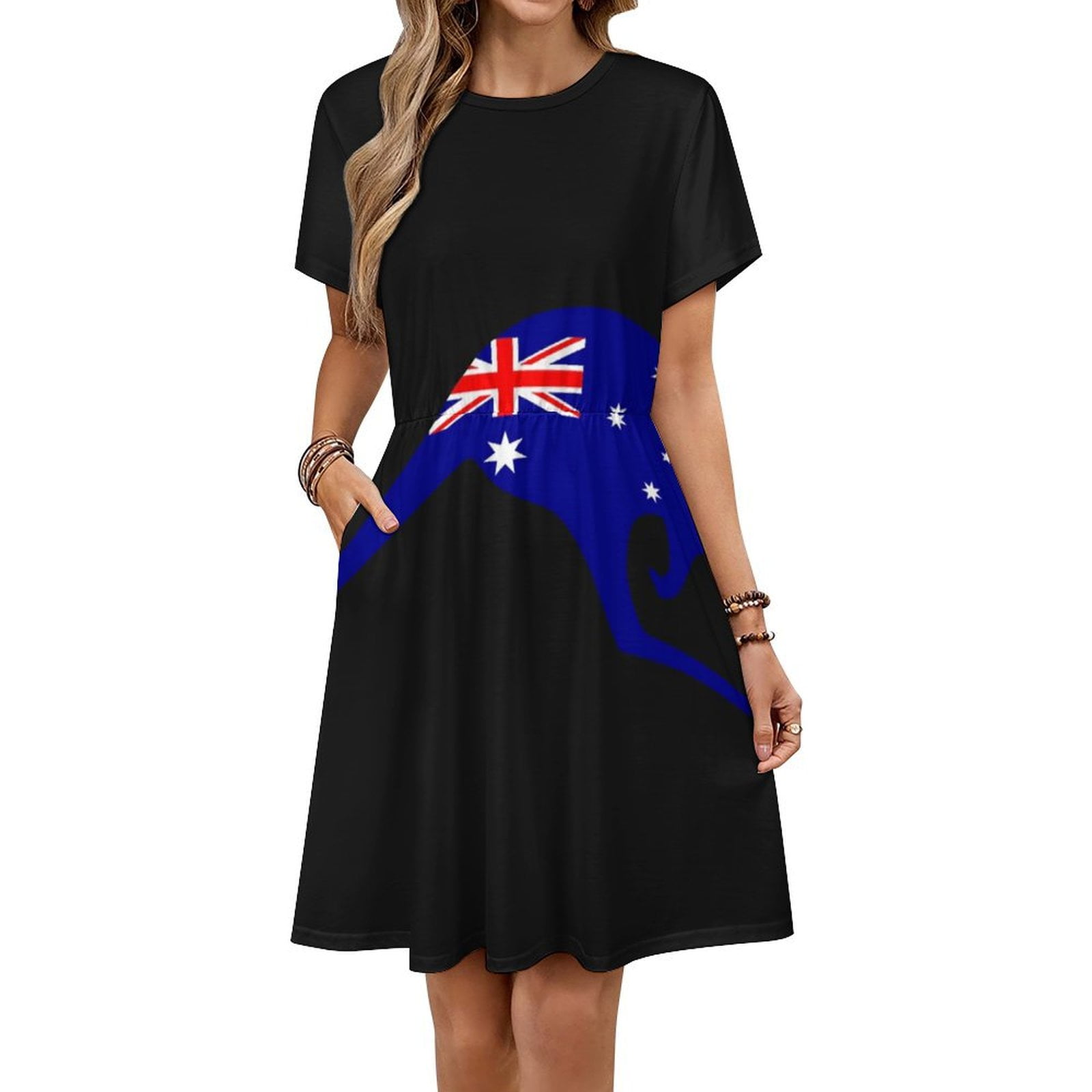 summer dresses with short sleeves australia V Neck Short Sleeve Dresses Australia Women's Blue White Floral Print V-Neck Dress With Smocked Waist A-Line Flared Short Sleeves, Knee-Length Machine