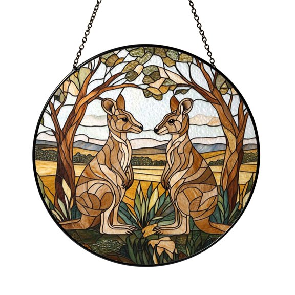 Australian Kangaroo Pair Stained Glass Window Art, Colorful Outback Landscape Decor Accent