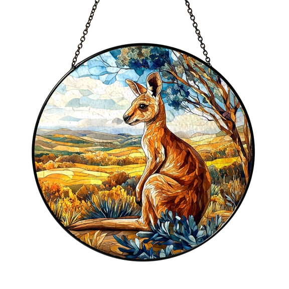 Australian Kangaroo Stained Glass Window Panel – Vibrant Outback Wildlife Scene, Artistic Window Hanging, Perfect Home Decor for Nature and Animal Lovers