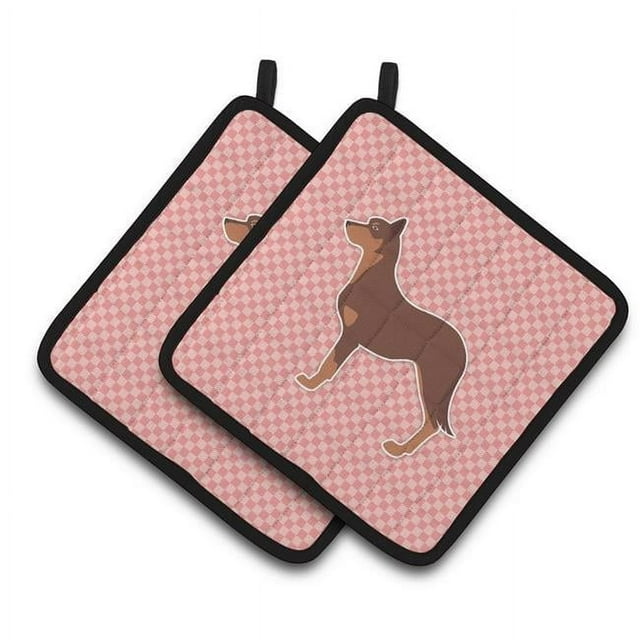 Australian Kelpie Dog Checkerboard Pink Pair of Pot Holders