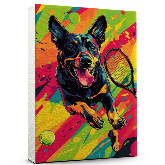 Australian Kelpie Dog Stretched Canvas Size 8x12 Tennis Canvas – Cute Australian Kelpie Canvas Wall Art of Puppy Playing Tennis, Perfect for Dog and Sports Fans
