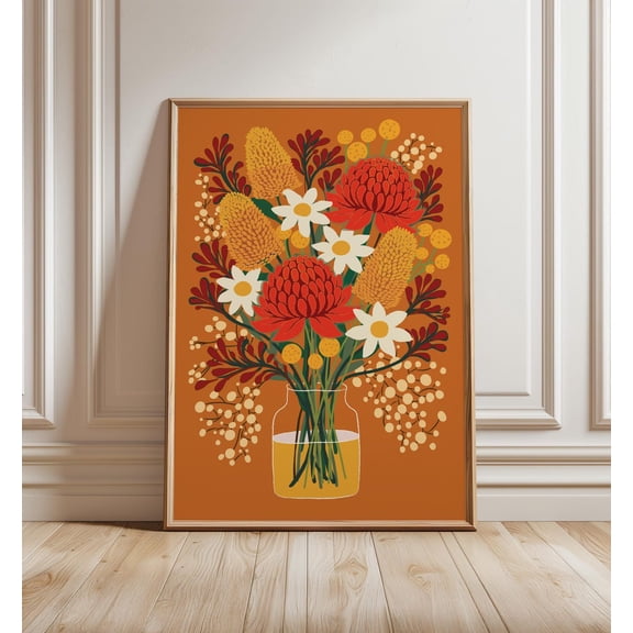 Australian Native Flowers Bouquet Warm Orange Botanical Home Decor Poster Unframed Paper Print