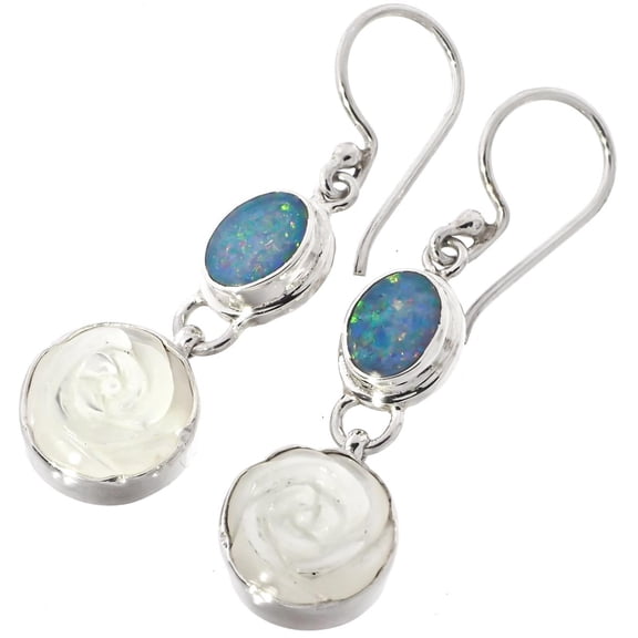Australian Opal White Mother Of Pearl Shell Flower 925 Sterling Silver Earrings