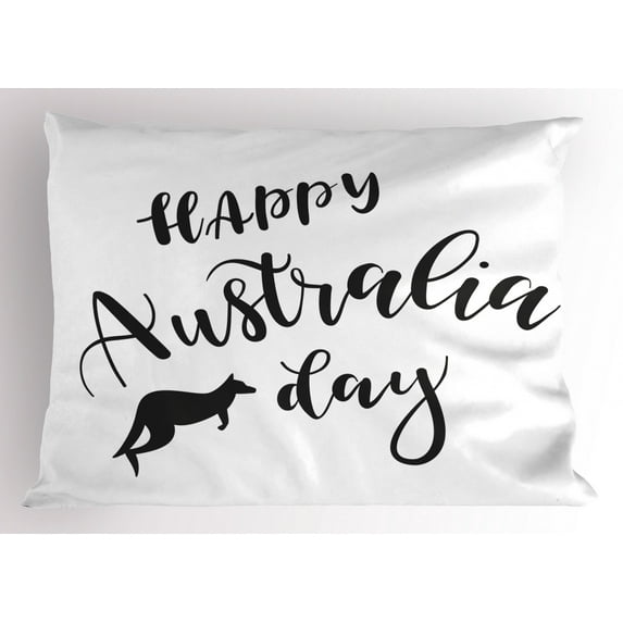 Australian Party Pillow Sham, Hand Lettering Style Happy Australia Day Quote with Animal Silhouette, Decorative Standard King Size Printed Pillowcase, 36 X 20 Inches, Black White, by Ambesonne