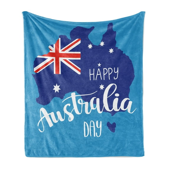 Australian Party Soft Flannel Fleece Blanket, Lettering Australia Day Words with Flag Map in Blue Shades, Cozy Plush for Indoor and Outdoor Use, 50" x 60", Blue Pale Blue Vermilion, by Ambesonne