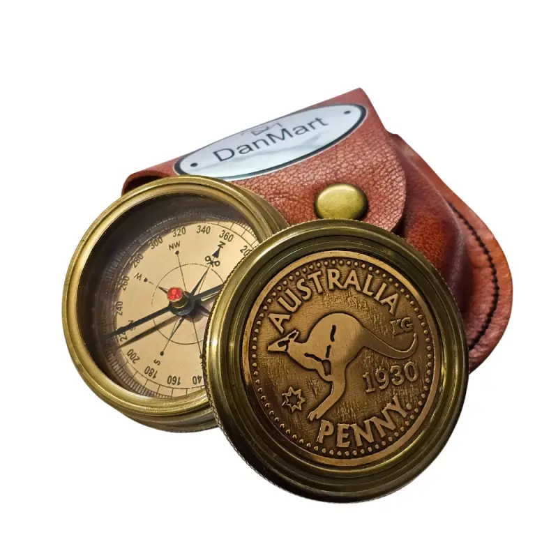 Australian Penny 1930 Antique Compass With Leather Box Collectible Kangaroo Gift