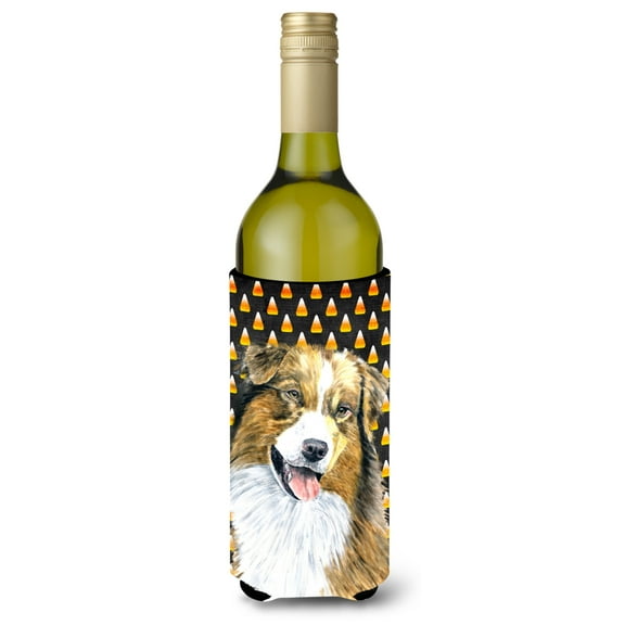 Australian Shepherd Candy Corn Halloween Portrait Wine Bottle Hugger