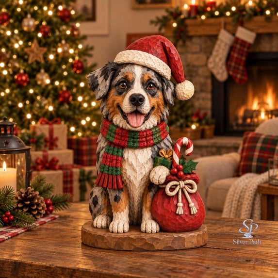 Australian Shepherd Christmas Blue Merle Santa Hat Wooden Block 3 Layer ...