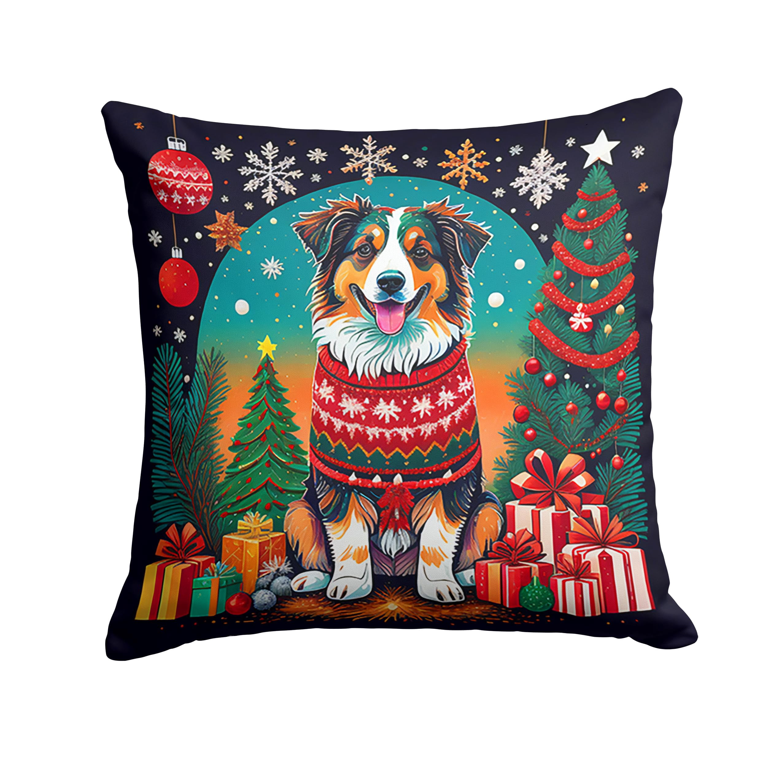 Australian Shepherd Christmas Fabric Decorative Pillow 14 in x 14 in
